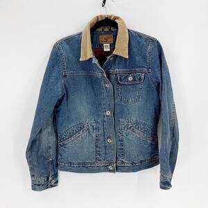 Vintage 90s Eddie Bauer Denim jacket size S Corduroy Collar Wool Lined